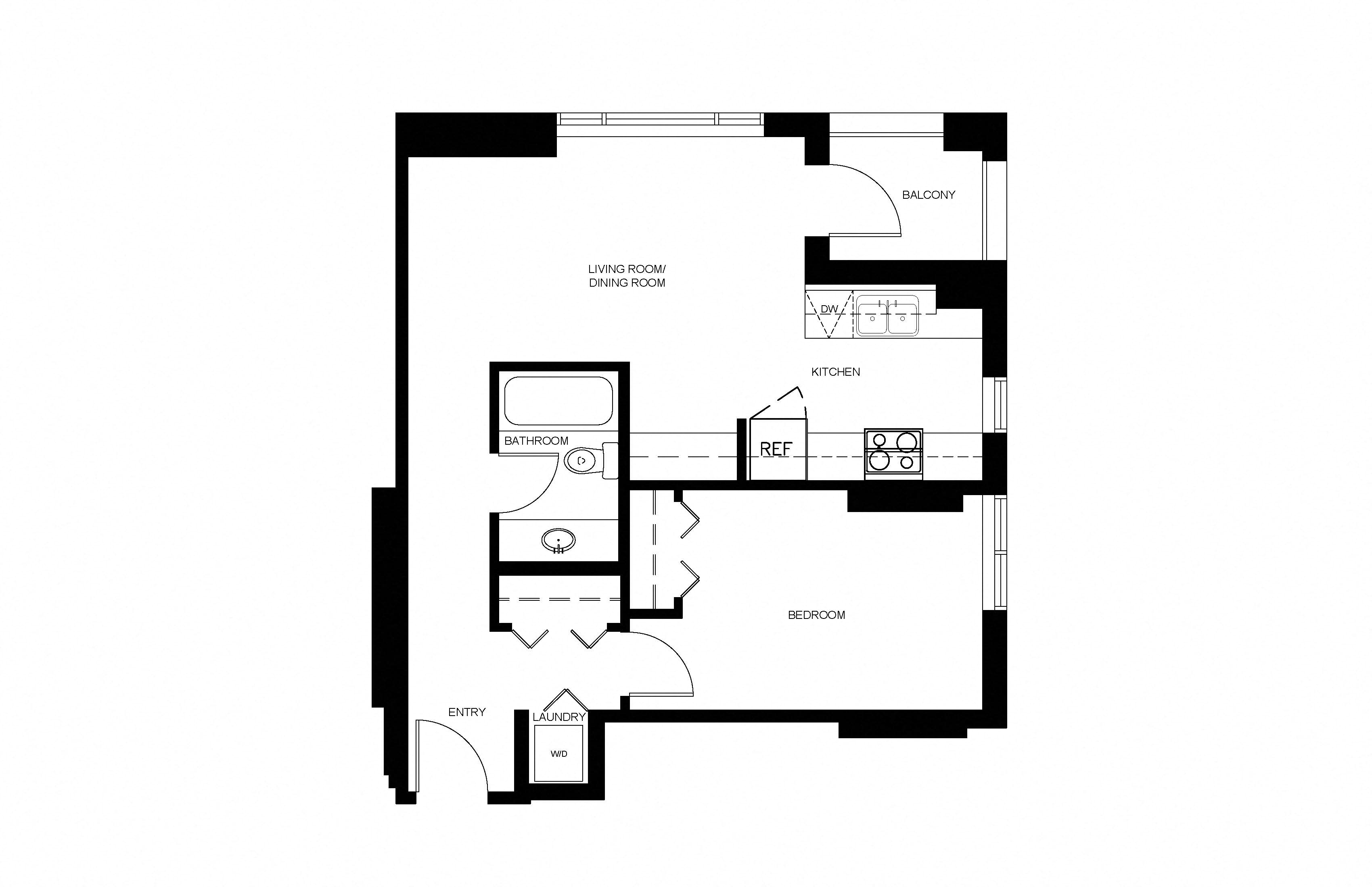 Floor plan for 1 bed, 1 bath, 582 sqft